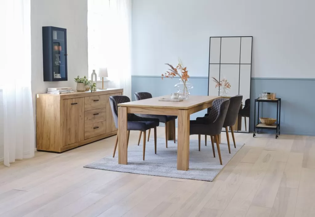 Flash Sale LINTRUP + PEBRINGE LINTRUP D190/280 stół dąb + 4 PEBRINGE szary aksamit
