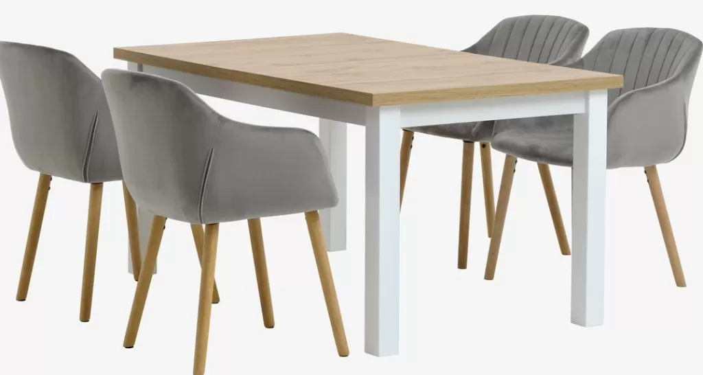 Flash Sale MARKSKEL + ADSLEV MARKSKEL D150/193 stół biały/dąb +4 ADSLEV krzesła aksamit